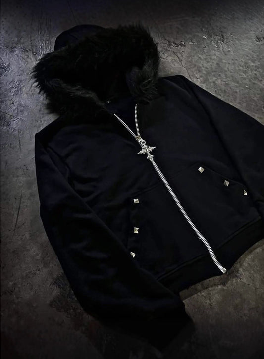 Noctra Rhinestone-studded Hooded Loose-fit Zip-up Coat