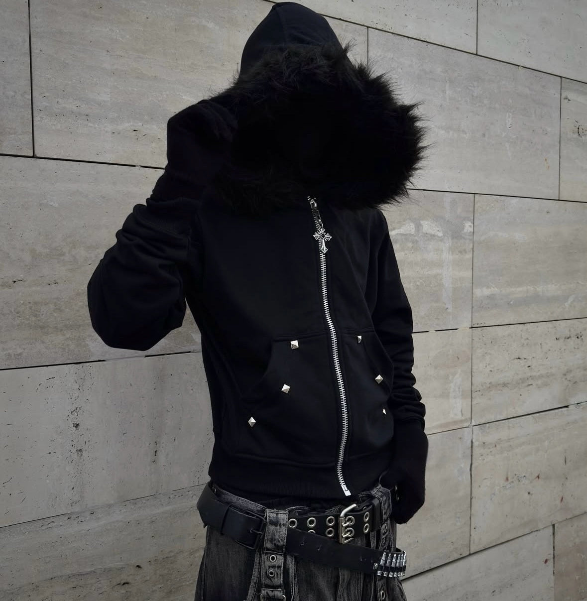 Noctra Rhinestone-studded Hooded Loose-fit Zip-up Coat