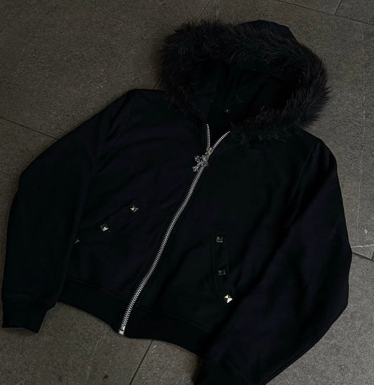 Noctra Rhinestone-studded Hooded Loose-fit Zip-up Coat